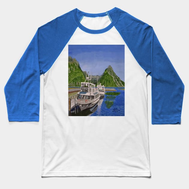 Cruise ships in Milford Sound, New Zealand Baseball T-Shirt by Anton Liachovic